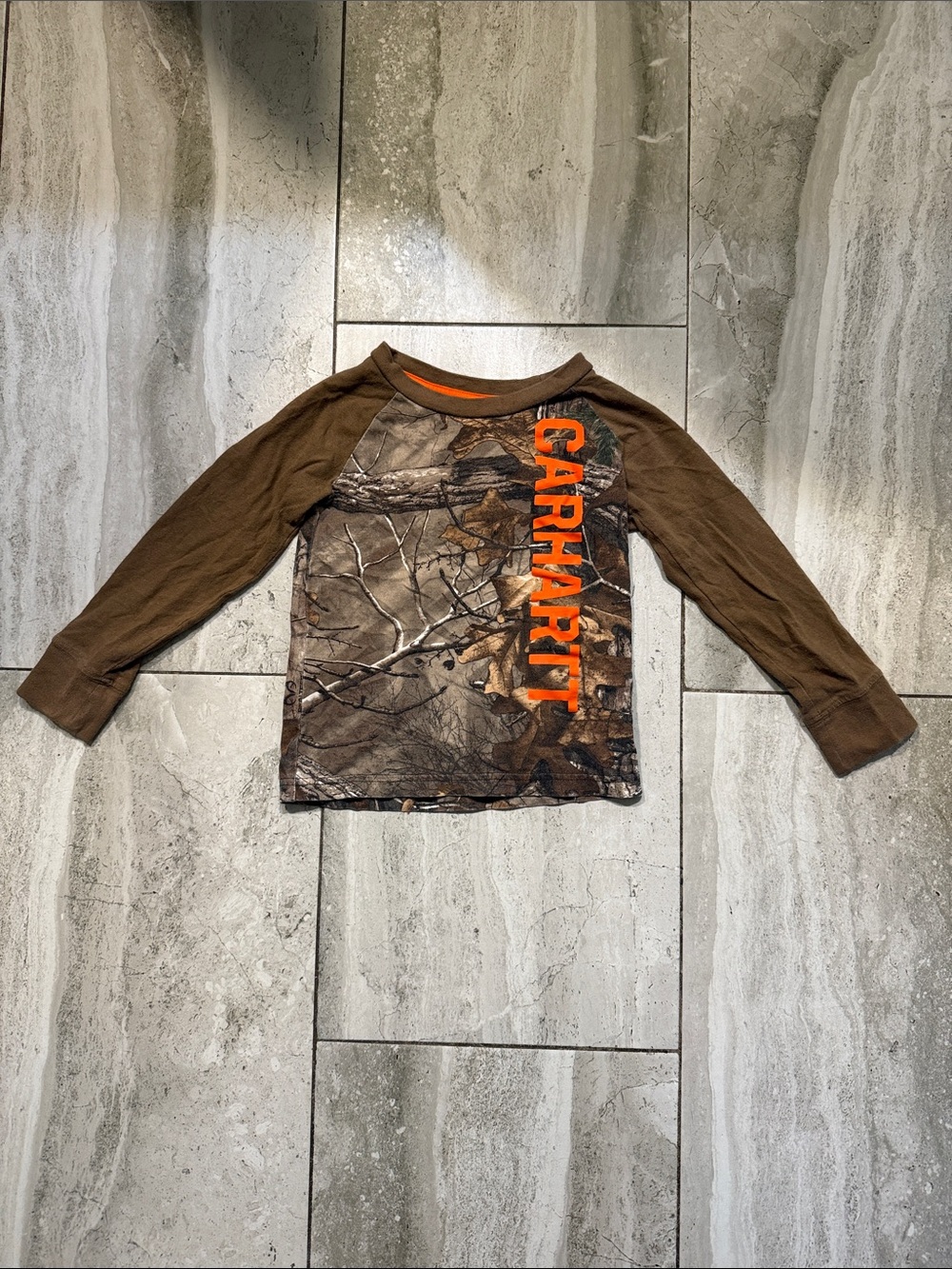 Carhartt Brown Camo Long-Sleeve Tee with Orange Logo